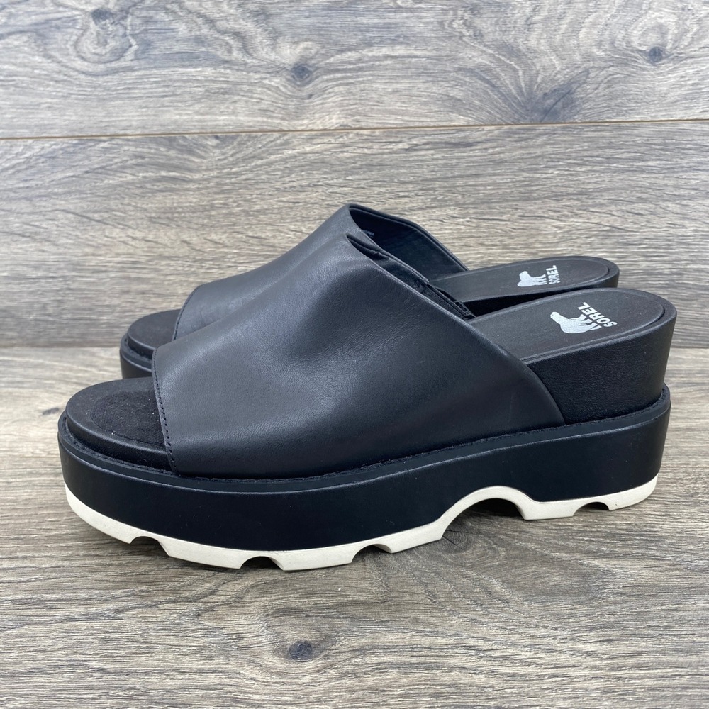 Sorel Cameron Flatform Mule Womens 10 Black Leather Platform Wedge Sandals